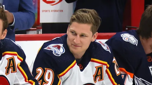 Nathan MacKinnon on February 03, 2023 in Sunrise, Florida.