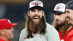 Brandon Marsh #16 and Walker Buehler #31 of the Philadelphia Phillies celebrate.