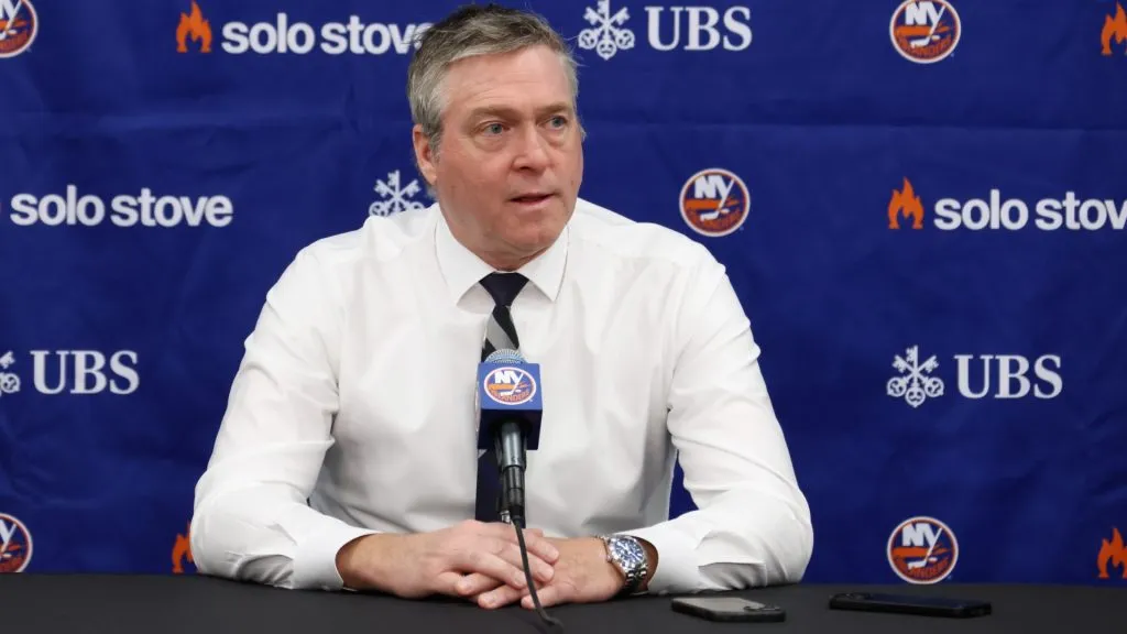 Head coach of the New York Islanders Patrick Roy speaks with the media. (Photo by Bruce Bennett/Getty Images)