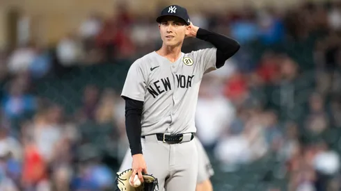 Luke Weaver #30 of the New York Yankees reacts.