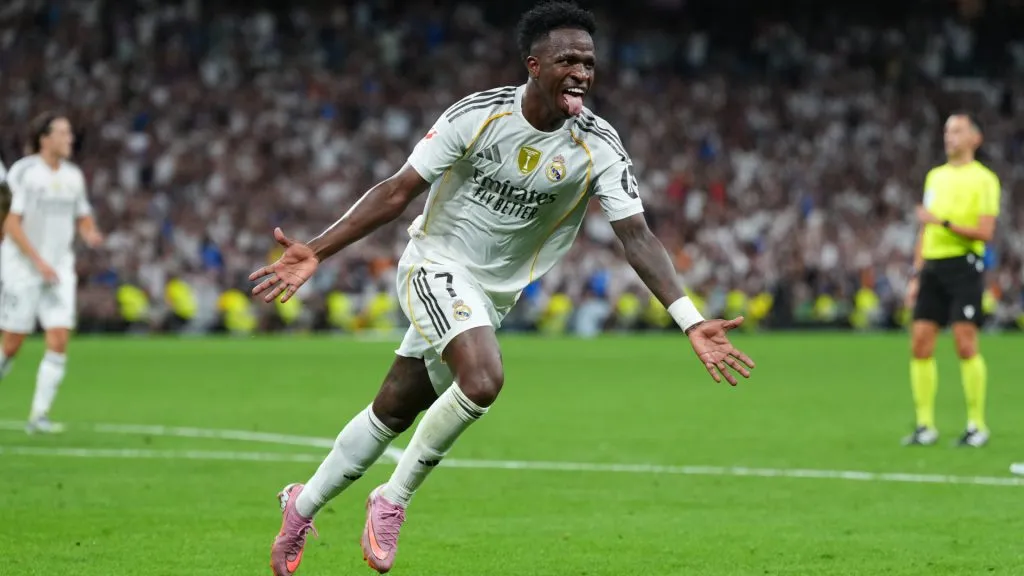 Vinicius Jr celebrates a goal against Mallorca. (Angel Martinez/Getty Images)