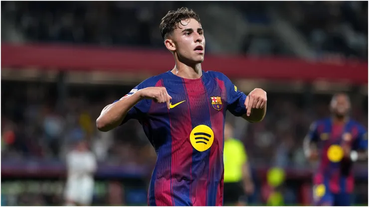 Fermin Lopez of FC Barcelona celebrating a goal in Estadi Johan Cruyff.