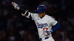 Shohei Ohtani #17 of the Los Angeles Dodgers celebrates his 50th home run.