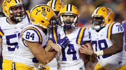 Trent Domingue #14 of the LSU Tigers celebrates after scoring a touchdown in 2015.