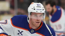 Connor McDavid looks on in an NHL game.