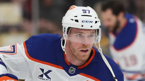 Connor McDavid looks on in an NHL game.