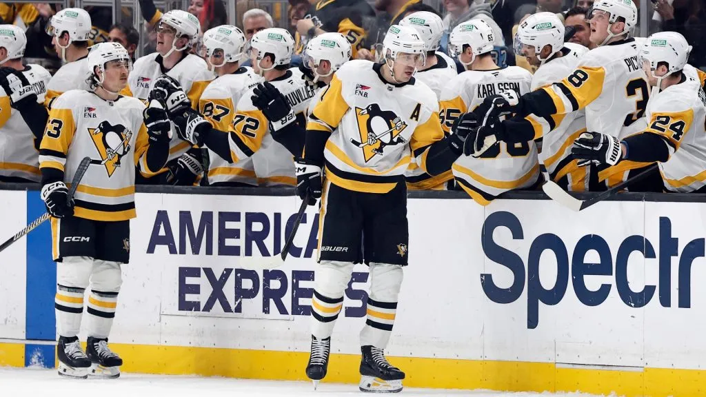 Evgeni Malkin #71 of the Pittsburgh Penguins celebrates a goal. (Photo by Ronald Martinez/Getty Images)