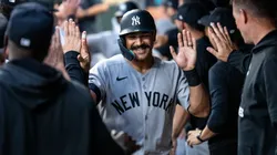 Trent Grisham #12 of the New York Yankees celebrates his two-run home run.
