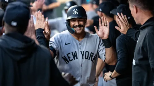 Trent Grisham #12 of the New York Yankees celebrates his two-run home run.