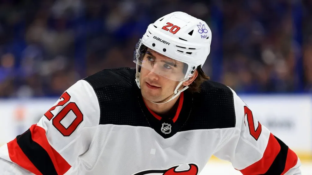 Michael McLeod at Amalie Arena on January 11, 2024 in Tampa, Florida