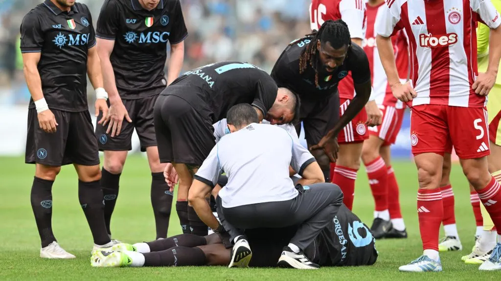 Romelu Lukaku of Napoli lies on the pitch after being injured against Olympiacos. (Giuseppe Bellini/Getty Images)