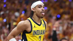 Andrew Nembhard #2 of the Indiana Pacers reacts during the NBA Finals.