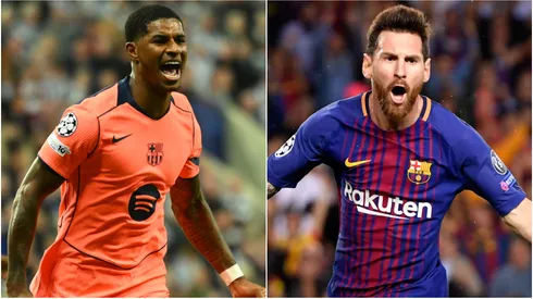 Marcus Rashford of Barcelona and Lionel Messi during a Barcelona game