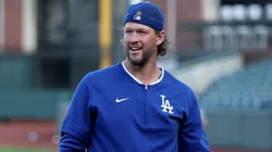 Clayton Kershaw #22 of the Los Angeles Dodgers plays catch.