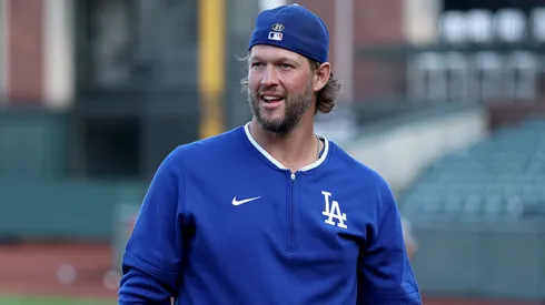 Clayton Kershaw #22 of the Los Angeles Dodgers plays catch.