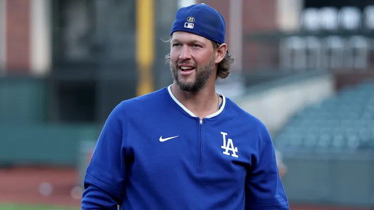 Clayton Kershaw #22 of the Los Angeles Dodgers plays catch.
