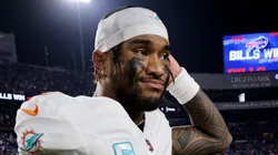 Tagovailoa reacts after losing to the Bills on September 18, 2025 in New York.