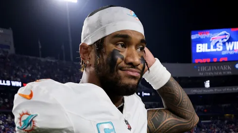 Tagovailoa reacts after losing to the Bills on September 18, 2025 in New York.