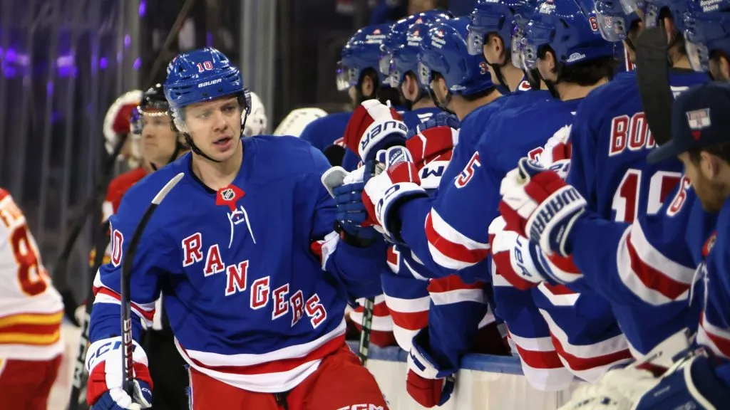 Artemi Panarin #10 of the New York Rangers celebrates his goal. (Photo by Bruce Bennett/Getty Images)