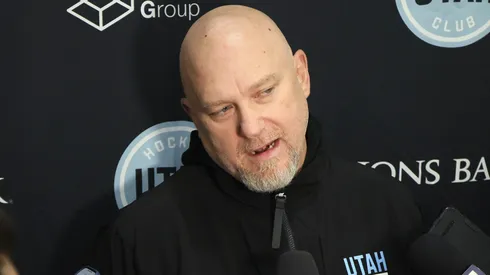 Head coach André Tourigny of the Utah Hockey Club speaks with the media.