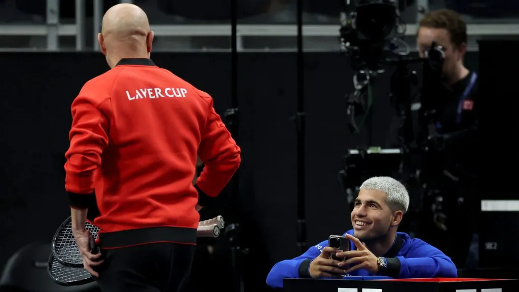 Carlos Alcaraz and Andre Agassi during a practise session prior to the Laver Cup. (Ezra Shaw/Getty Images)