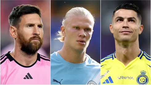 Lionel Messi of Inter Miami, Erling Haaland of Manchester City, and Cristiano Ronaldo of Al Nassr.