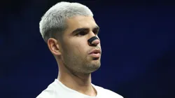 Carlos Alcaraz looks on during a practice session.