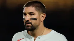 Nick Castellanos looks on against the Dodgers on September 17, 2025 in Los Angeles.