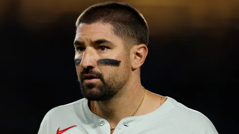 Nick Castellanos looks on against the Dodgers on September 17, 2025 in Los Angeles.