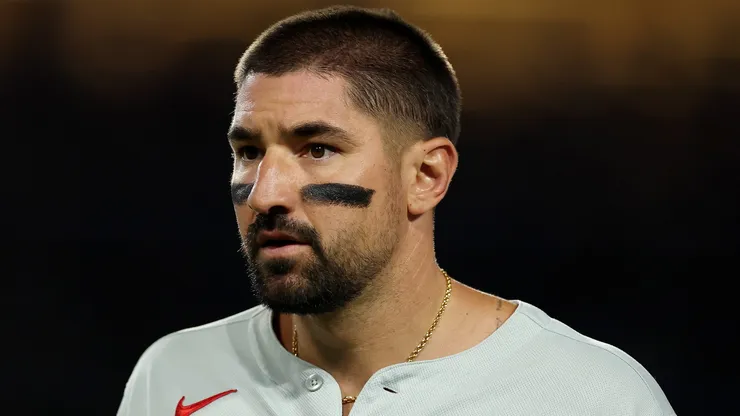 Nick Castellanos looks on against the Dodgers on September 17, 2025 in Los Angeles.