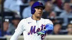 Juan Soto #22 of the New York Mets looks on after hitting a home run.