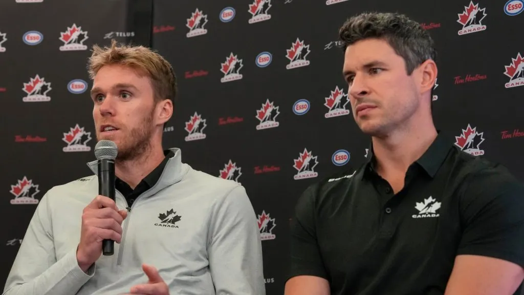 McDavid and Crosby speak to media during Hockey Canada’s 2025 National Teams Orientation Camp. (Photo by Leah Hennel/Getty Images)