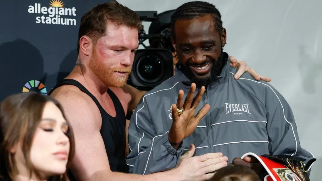 Canelo Alvarez and Terence Crawford talk at a press conference following their undisputed title fight. (Photo by Harry How/Getty Images for Netflix)