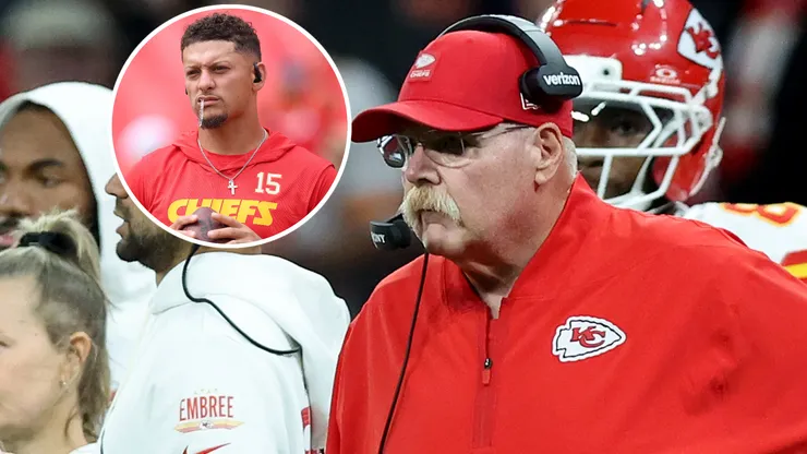 Head coach Andy Reid of the Kansas City Chiefs and quarterback Patrick Mahomes #15.