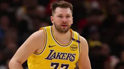 Luka Doncic #77 of the Los Angeles Lakers dribbles the ball.