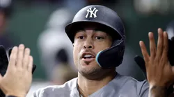 Giancarlo Stanton reacts in the dugout after a solo home run vs the Astros on September 03, 2025 in Houston.