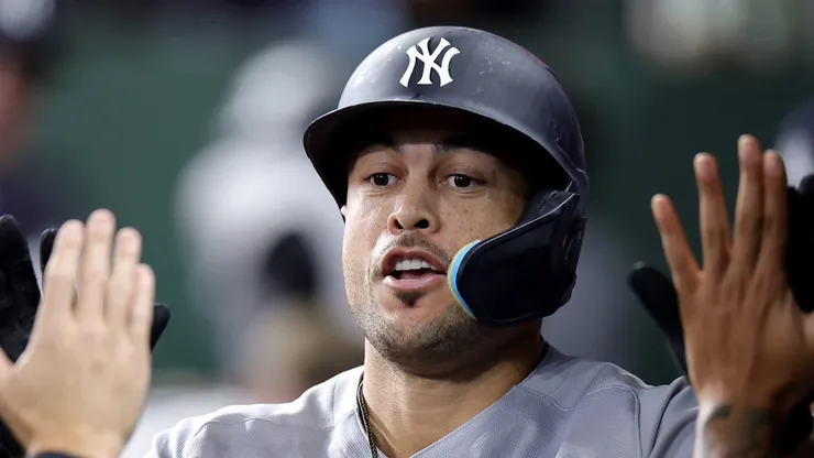 Giancarlo Stanton reacts in the dugout after a solo home run vs the Astros on September 03, 2025 in Houston.