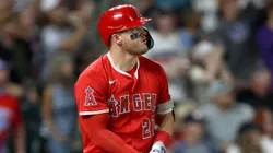 Mike Trout #27 of the Los Angeles Angels hits his 400th career home run.