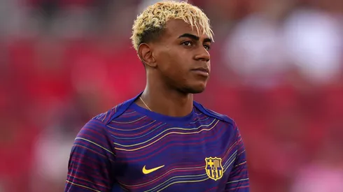 Lamine Yamal of FC Barcelona looks on during the warm up.