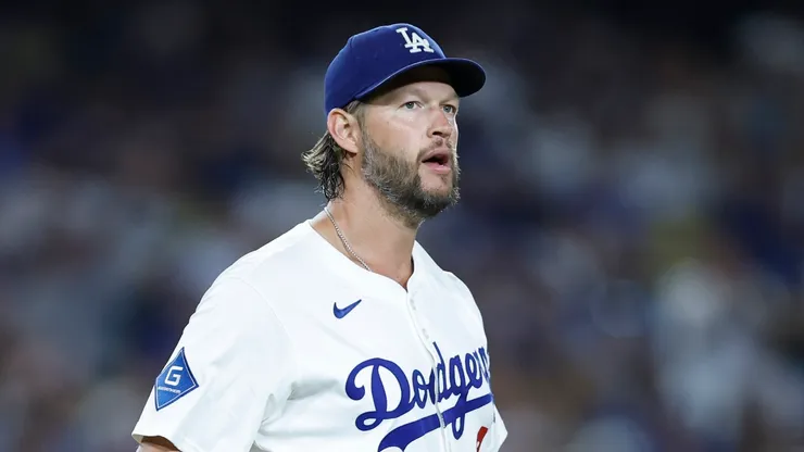 Clayton Kershaw reacts after striking out Rafael Devers the Giants on September 19, 2025 in Los Angeles.