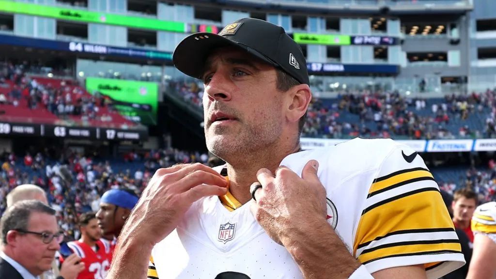 Aaron Rodgers after the Steelers beat the Patriots in 2025.