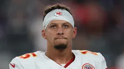 Patrick Mahomes looks on prior to facing the Giants on September 21, 2025 in New Jersey.