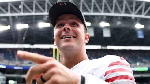 Brock Purdy #13 of the San Francisco 49ers celebrates.