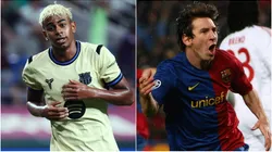 Lamine Yamal of FC Barcelona and Lionel Messi during a FC Barcelona game.