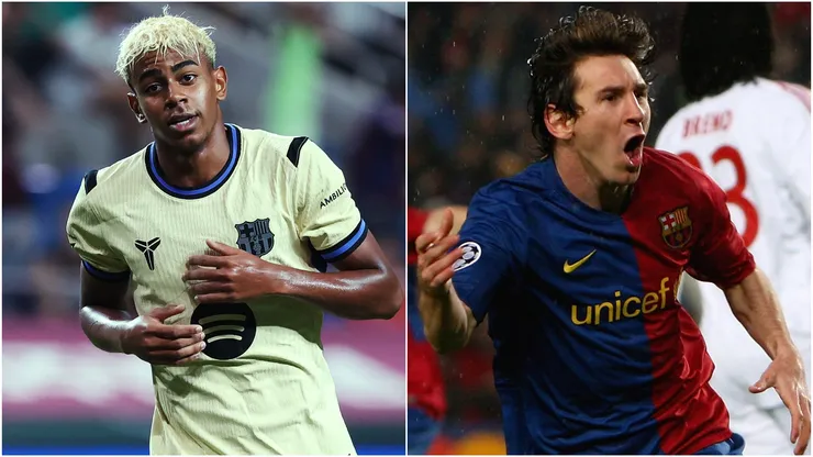 Lamine Yamal of FC Barcelona and Lionel Messi during a FC Barcelona game.