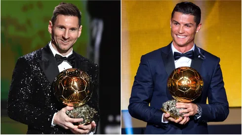 Lionel Messi and Cristiano Ronaldo with their Ballon d'Or award.