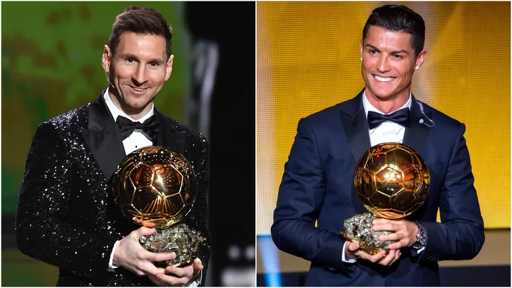 Lionel Messi and Cristiano Ronaldo with their Ballon d'Or award.
