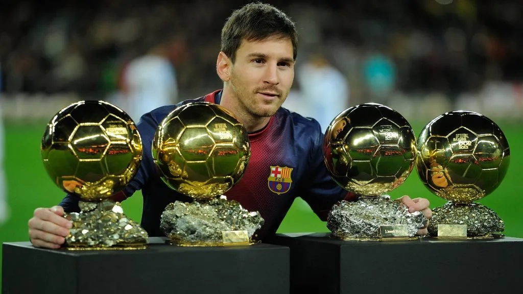 Leo Messi of Barcelona FC displays his four ballons d’or in 2013. (Source: Gonzalo Arroyo Moreno/Getty Images)