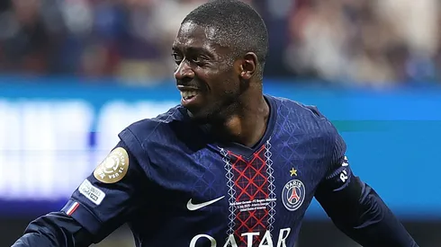 Ousmane Dembele #10 of Paris Saint-Germain celebrates scoring a goal.