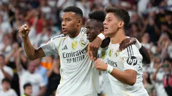 Vinicius Junior of Real Madrid celebrates scoring his team's second goal with teammate Kylian Mbappe.